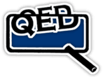 A blue and white logo with the word qed in it.